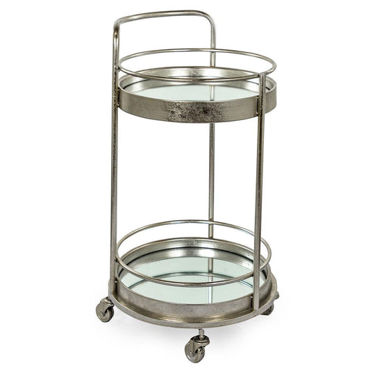 Small Round Mirrored Silver Leaf Drinks Trolley End Tables Candle and Blue Interiors 