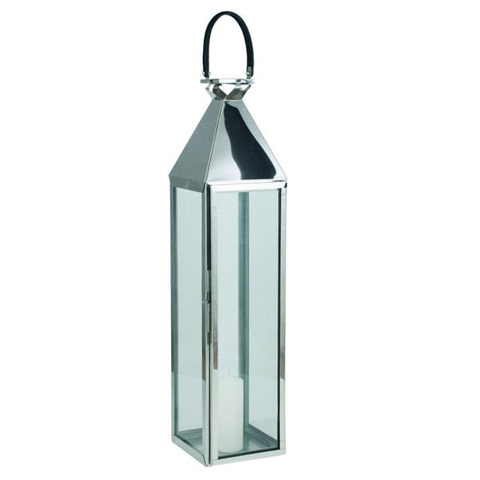 Tall Glass Nickel Stainless Steel Large Hurricane Lantern Home Decor Candle and Blue Interiors 