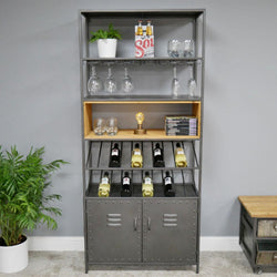 Tall Retro Style Floor Standing Metal Wine Cabinet Industrial Style Candle and Blue Interiors 