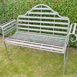 Verdigris Metal Scrolled Garden Bench Gardening Furniture Candle and Blue Interiors 