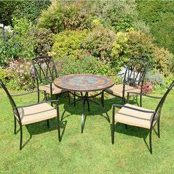Villena 91cm Round Stone Patio Garden Table 4 Ascot Chairs Outdoor Furniture Sets Candle and Blue Interiors 