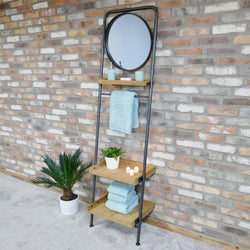 Wooden Ladder 3 Tier Shelves With Mirror Industrial Style Candle and Blue Interiors 